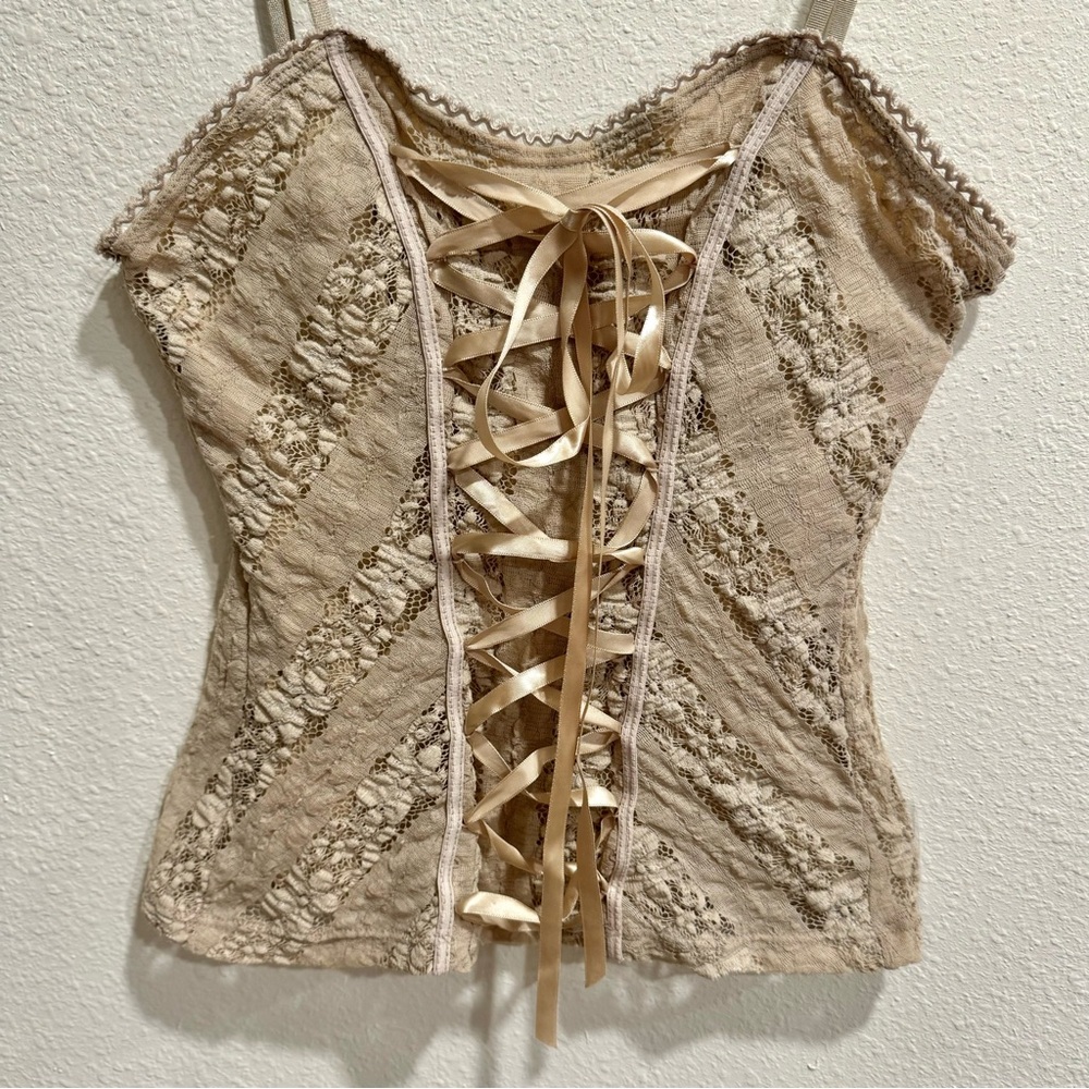 Cottage Core Lace Corset Top Beige Nude Tan M Medium